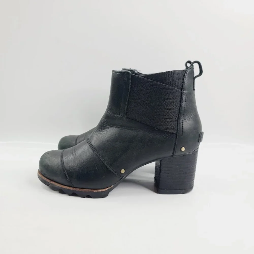 Sorel‎ Women's Black Addington Leather Block Heel Classic Ankle Bootie Size 9